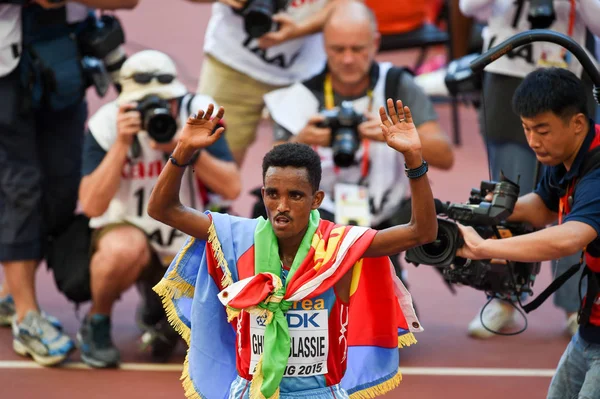 Ghirmay Ghebreslassie Eritrea Comemora Depois Vencer Corrida Maratona Masculina Durante — Fotografia de Stock