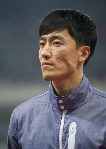 Hurdler Cina Liu Xiang Bereaksi Selama Upacara Pensiunnya 2015 Iaaf — Stok Foto