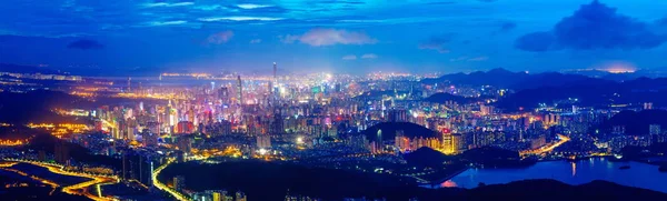 Panoramic View Night Clusters Skyscrapers High Rise Buildings Shenzhen City — стоковое фото