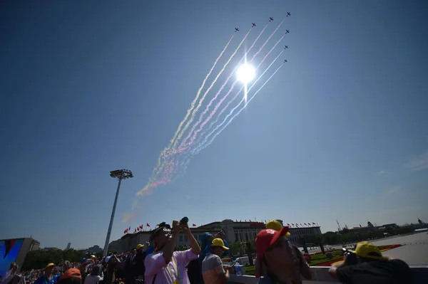 Aviones Vuelan Formación Sobre Plaza Tiananmen Durante Desfile Militar Para — Foto de Stock