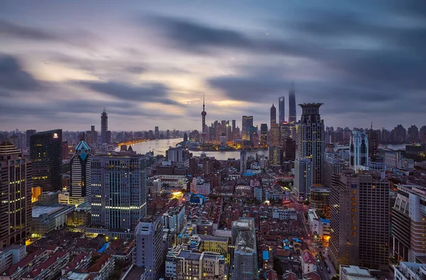 Paisaje Urbano Amanecer Puxi Frente Río Huangpu Distrito Financiero Lujiazui — Foto de Stock