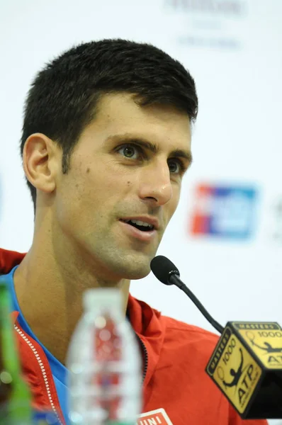 Novak Djokovic Serbii Uczestniczy Konferencji Prasowej Dla 2015 Turniej Tenisowy — Zdjęcie stockowe