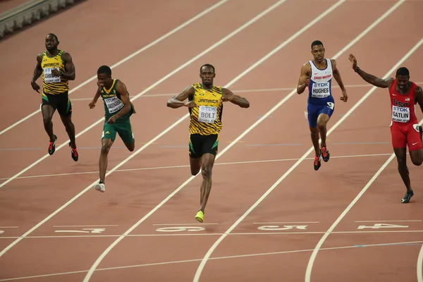 Usain Bolt Jamaica Centro Cruza Linha Chegada Para Ganhar Final — Fotografia de Stock