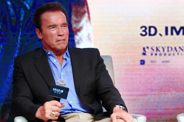 Attore Americano Arnold Schwarzenegger Partecipa Una Conferenza Stampa Suo Film — Foto Stock