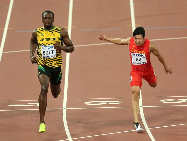 Usain Bolt Van Jamaica Links Bingtian Van China Concurreren 100M — Stockfoto