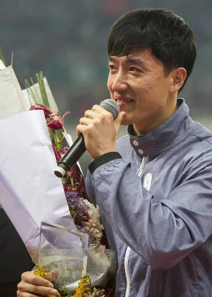Kinesiska Häcklöpare Liu Xiang Reagerar Sin Pensionering Ceremoni Den 2015 — Stockfoto