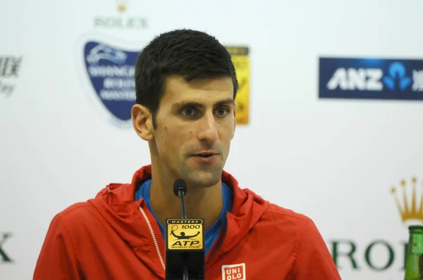 Novak Djokovic Serbii Uczestniczy Konferencji Prasowej Dla 2015 Turniej Tenisowy — Zdjęcie stockowe