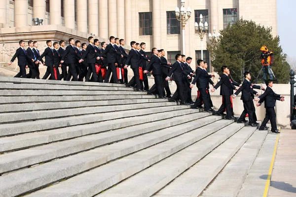 Guardias Seguridad Chinos Marchan Fila Fuera Del Gran Salón Del — Foto de Stock