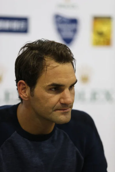 Der Schweizer Roger Federer Nimmt Einer Pressekonferenz Teil Nachdem Seinem — Stockfoto