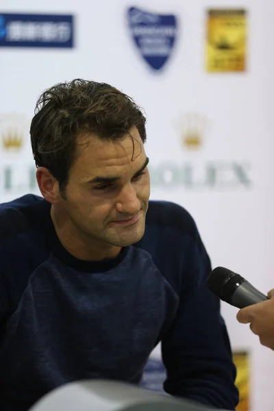 Der Schweizer Roger Federer Nimmt Einer Pressekonferenz Teil Nachdem Seinem — Stockfoto
