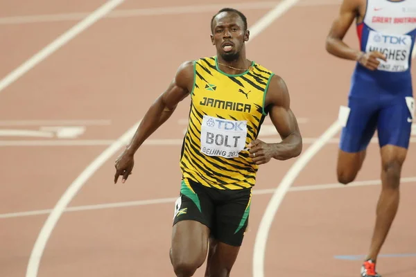 Usain Bolt Della Giamaica Taglia Traguardo Vincere Finale Maschile Dei — Foto Stock