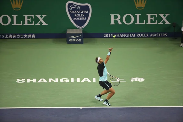 Rafael Nadal Espanha Serve Contra Ivo Karlovic Croácia Sua Segunda — Fotografia de Stock