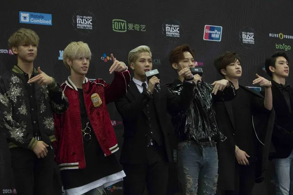 Členové Kapely Jihokorejské Chlapec Got7 Zúčastní Tiskové Konference 2015 Mnet — Stock fotografie