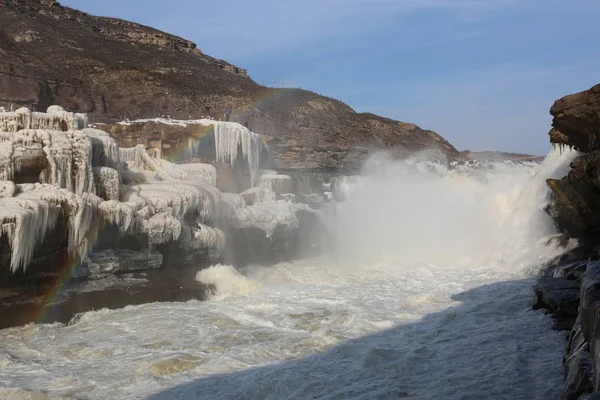 Blick Auf Den Gefrorenen Hukou Wasserfall Gelben Fluss Kreis Provinz — Stockfoto