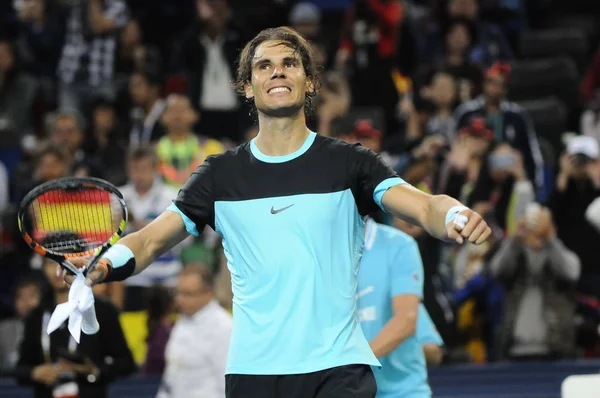 Rafael Nadal Spain Reacts Defeating Milos Raonic Canada Third Match — Stock Photo, Image