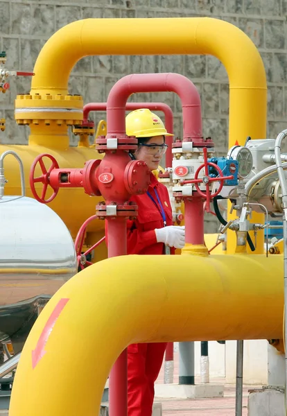 Kínai Technikus Petrochina Kunlun Gas Ltd Ellenőrzések Szelepek Csövek Földgázszállító — Stock Fotó