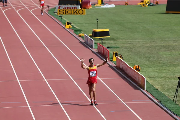 Hiszpanii Miguel Angel Lopez Świętuje Swoje Zwycięstwo Biegu 20Km Spacerem — Zdjęcie stockowe