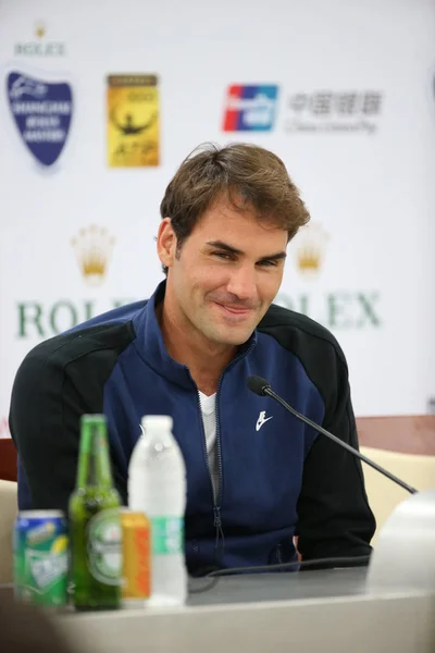 Roger Federer Suíça Sorri Conferência Imprensa Para Torneio Tênis Rolex — Fotografia de Stock