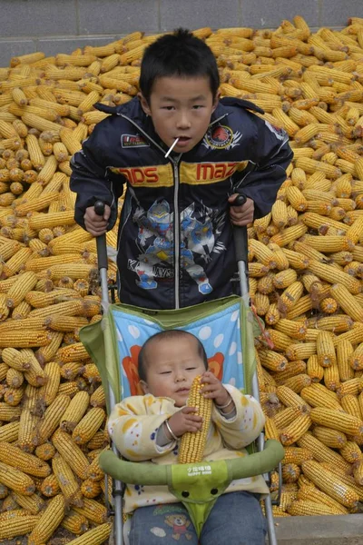 Китайский Мальчик Толкает Детскую Коляску Своим Младшим Братом Дома Деревне — стоковое фото