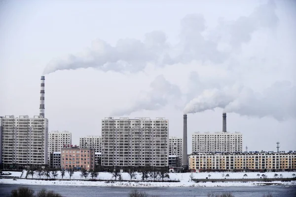 Smoke Discharged Chimneys Heating Plant Jilin City Northeast China Jilin — Stock Photo, Image