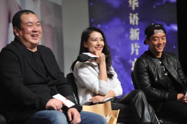 (From left) Chinese director Liu Jiang, actress Gao Yuanyuan and actor Zheng Kai attend a preview event for their new movie 