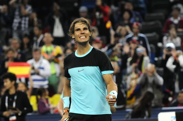 Rafael Nadal Hiszpanii Reaguje Pokonaniu Milos Raonic Kanada Meczu Trzeciej — Zdjęcie stockowe