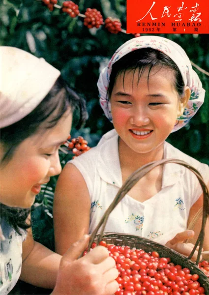 1962年 中国画报 第一期的封面上有中国女农民收获咖啡豆的情况 — 图库照片