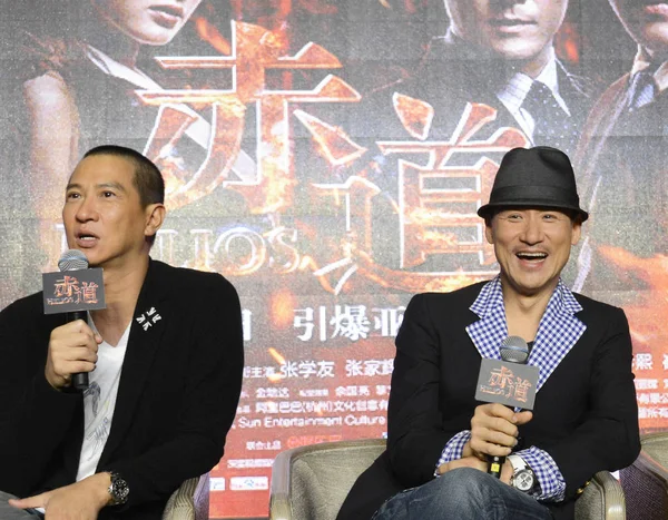 Cantantes Actores Hong Kong Jacky Cheung Izquierda Nick Cheung Reaccionan — Foto de Stock