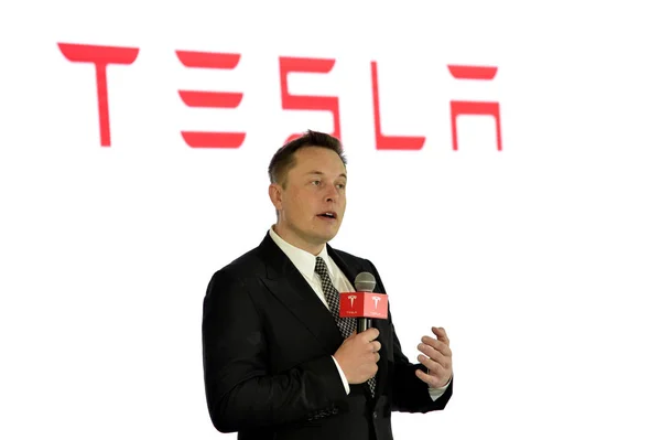 Tesla Ceo Elon Musk Speaks Press Conference Tesla Firmware Beijing — Stock Photo, Image