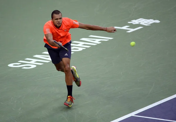 Wilfried Tsonga Francji Zwraca Strzał Rafael Nadal Hiszpanii Półfinałowym Meczu — Zdjęcie stockowe