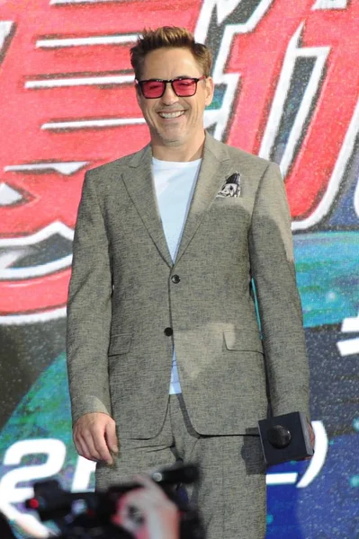 American Actor Robert Downey Smiles Press Conference His Movie Avengers — Stock Photo, Image