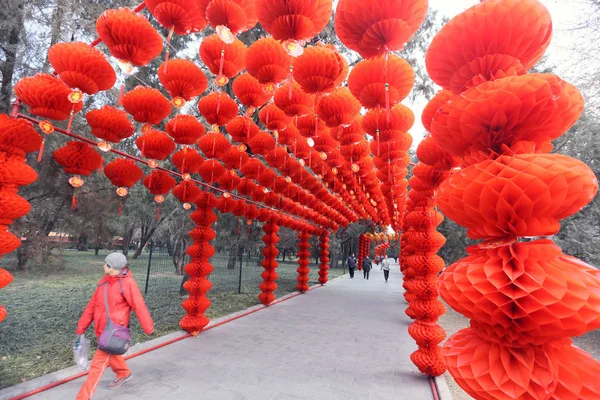 Pedestrians Walk Red Lantern Decorated Corridor Ahead Temple Fair Celebrate — Stock Photo, Image