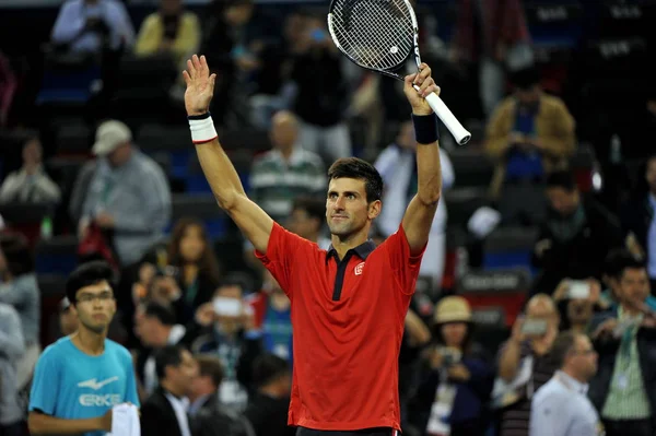 Novak Djokovic Van Servië Reageert Het Verslaan Van Bernard Tomic — Stockfoto