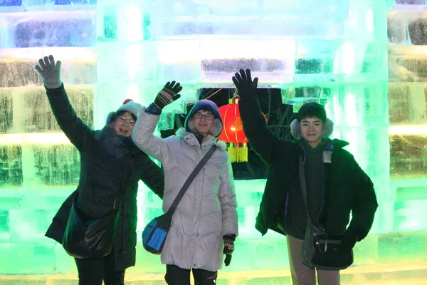 2015年12月30日 在中国东北黑龙江省哈尔滨市举行的第42届哈尔滨国际冰雪节前 人们参观冰雕 — 图库照片