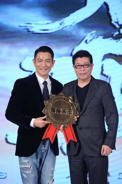 Cantor Ator Hong Kong Andy Lau Esquerda Posa Com Wang — Fotografia de Stock