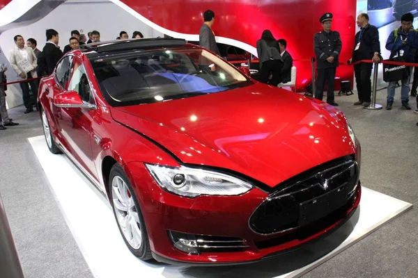 Elektromobil Tesla Model Zobrazí Během Čína Šanghaj Technologie Veletrhu Csitf — Stock fotografie