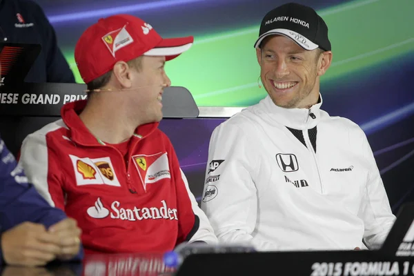Sebastian Vettel Pilote Allemand Ferrari Jenson Button Pilote Britannique Malaren — Photo