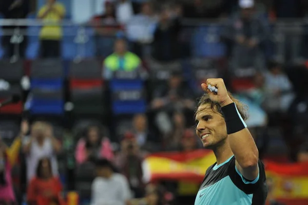 Rafael Nadal Hiszpanii Reaguje Pokonaniu Stanislas Wawrinka Szwajcarii Meczu Finału — Zdjęcie stockowe