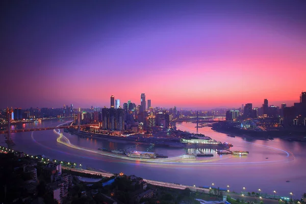 Nattvisning Skyskrapor Och Höghus Chongqing Kina Maj 2015 — Stockfoto