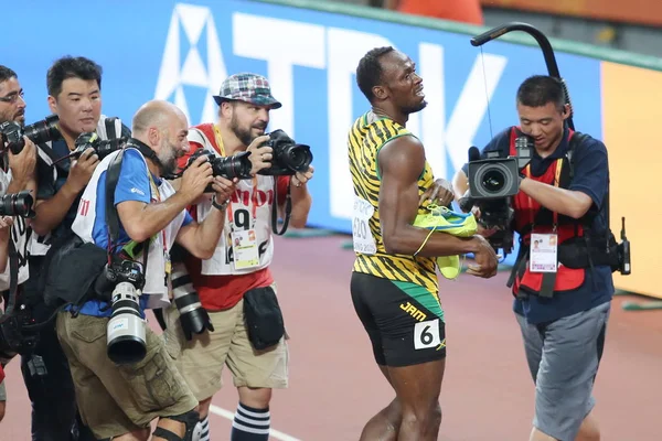 Usain Bolt Della Giamaica Seconda Destra Festeggia Dopo Aver Vinto — Foto Stock