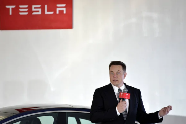 Tesla Ceo Elon Musk Speaks Press Conference Tesla Firmware Beijing — Stock Photo, Image