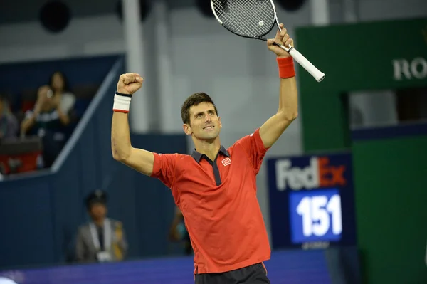 Novak Djokovic Szerb Reagál Miután Legyőzte Wilfried Tsonga Franciaország Utolsó — Stock Fotó