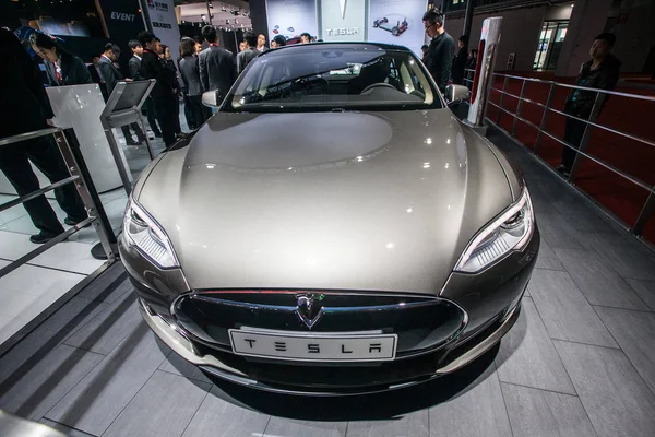 Elektromobil Tesla Model Zobrazí Během Shanghai International Automobile Průmyslová Výstava — Stock fotografie