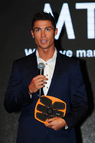 Portuguese Football Superstar Cristiano Ronaldo Speaks Promotional Event Mtg Training — Stock Photo, Image