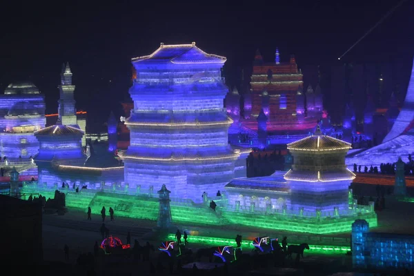 Night View Ice Sculptures Ahead 32Nd Harbin International Ice Snow — Stock Photo, Image