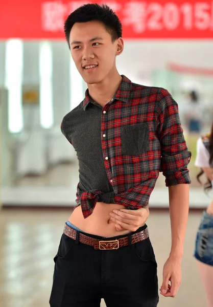 Chinese Student Wraps His Arm His Waist Touches His Belly — Stock Photo, Image