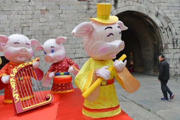 Renkli Fenerler Yaklaşan Bahar Festivali Veya Çince Yeni Yıl Domuz — Stok fotoğraf
