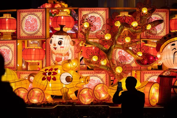 Laternen Dekorationen Werden Beleuchtet Das Bevorstehende Frühlingsfest Oder Das Chinesische — Stockfoto