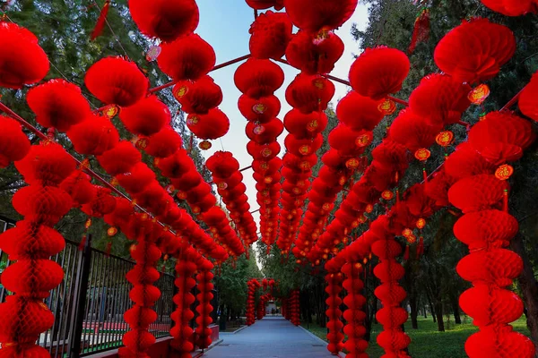 Des Lanternes Rouges Sont Accrochées Pour Marquer Prochaine Fête Printemps — Photo