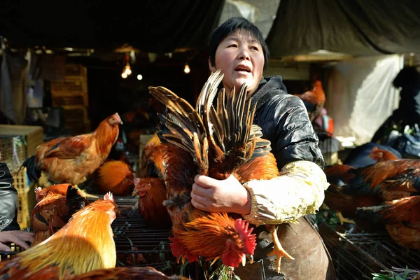 Vendor Sells Chicken Free Market Hangzhou City East Chinas Zhejiang — Stock Photo, Image